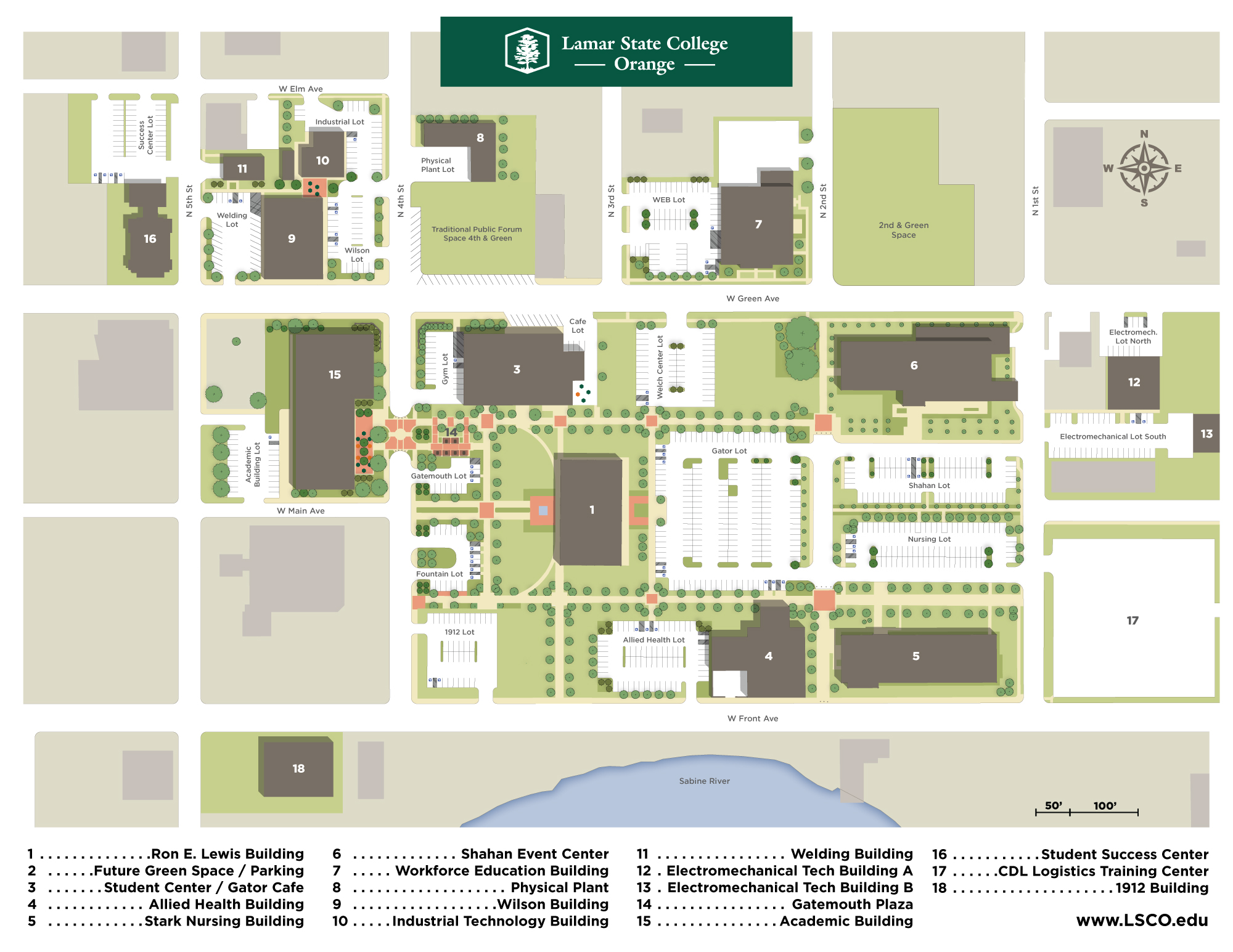 Map of Lamar State College Orange. Locations of Ron E. Lewis Building, future green space/parking, student center/gator cafe, Allied Health Building, Stark Nursing Building, Shahan Event Center, Workforce Education Building, Physical Plant, Wilson Building, Industrial Technology Building, Welding Building, Electromechanical Tech Buildings A and B, Gatemouth Plaza, Academic Building, Student Success Center, CDL Logistics Training Center, and 1912 Building.