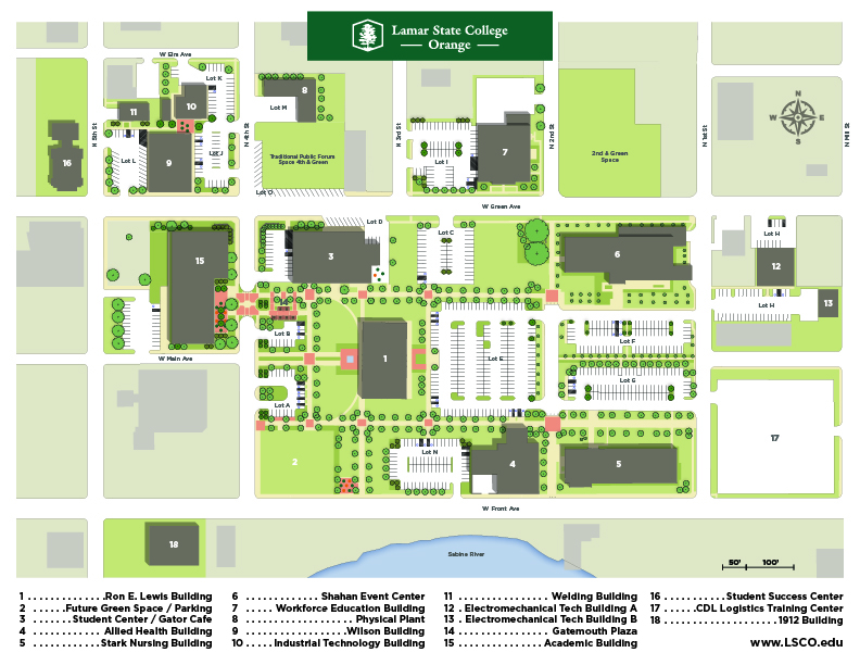 Map of Lamar State College Orange. Locations of Ron E. Lewis Building, future green space/parking, student center/gator cafe, Allied Health Building, Stark Nursing Building, Shahan Event Center, Workforce Education Building, Physical Plant, Wilson Building, Industrial Technology Building, Welding Building, Electromechanical Tech Buildings A and B, Gatemouth Plaza, Academic Building, Student Success Center, CDL Logistics Training Center, and 1912 Building.