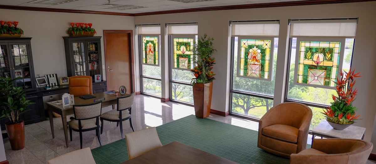 Stained glass windows in Dr. Elmore's office